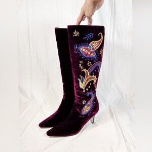 Diane Gilman Burgundy Velvet Rhinestone Embroidered Knee High Pointy Boots~8~